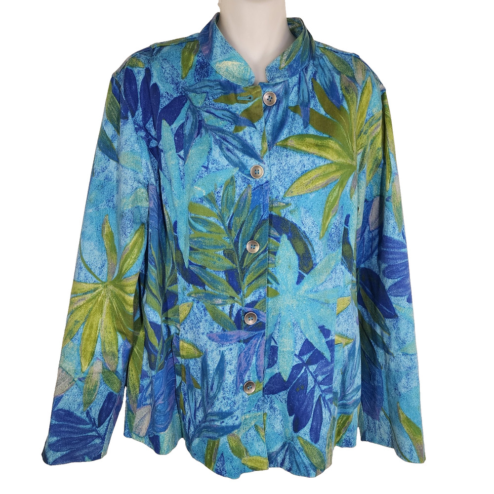 Chico's Blazer Jacket Teal Blue Leaf Floral Button Up Long Sleeve Tropical Large
